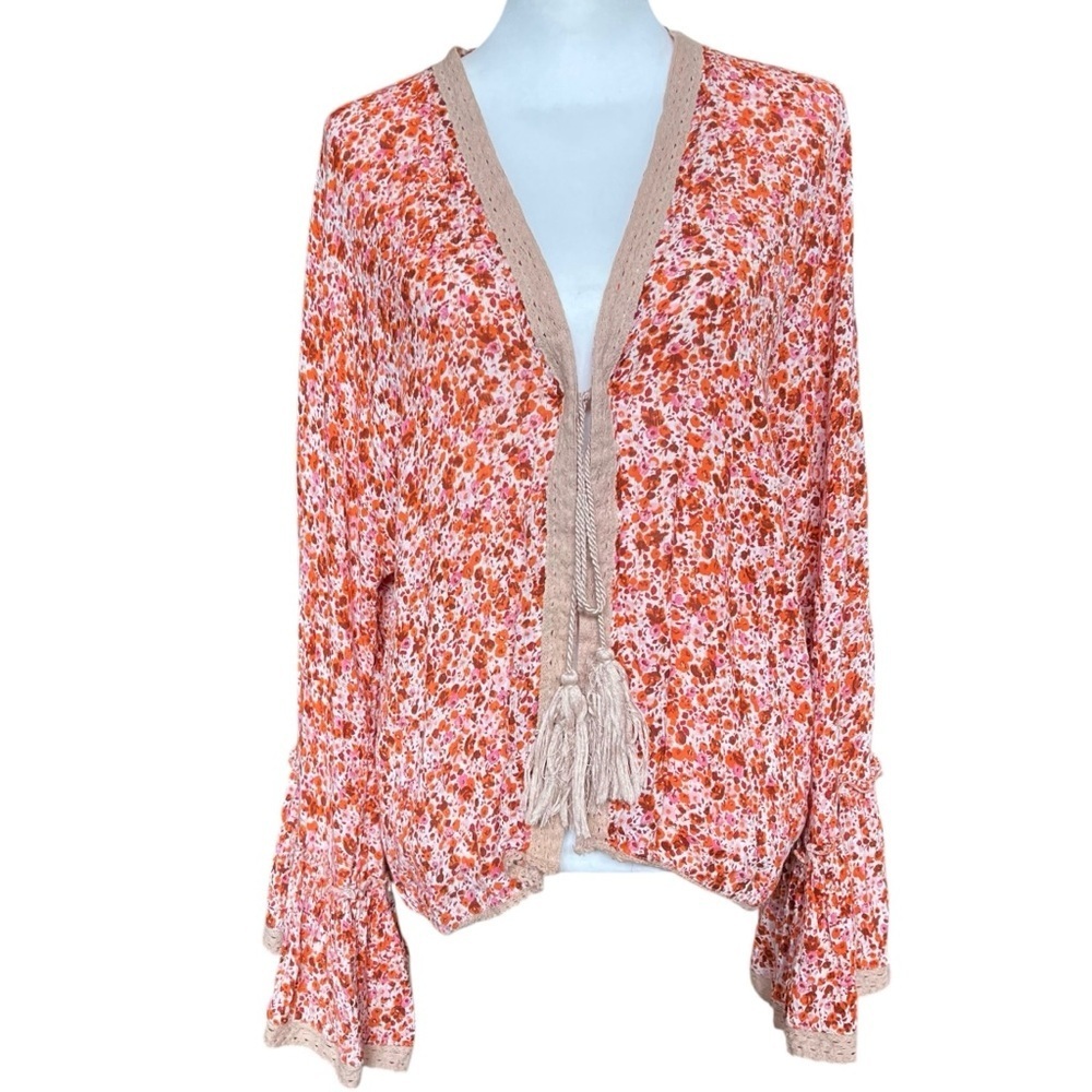 Nalini Cardigan Top Women’s One Size Orange Boho Tassels Tie Front Bell Sleeves